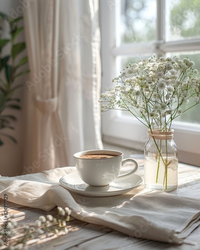 A white coffee cup with a white saucer sits on a table next to a vase of white flowers. The scene is simple and peaceful, with the flowers adding a touch of natural beauty to the setting