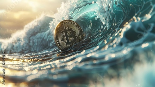 bitcoin cryptocurrency drowning in turbulent ocean waves conceptual 3d illustration photo