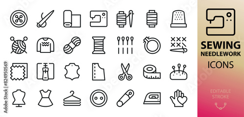 Knitting, sewing and needlework icons set. Set of button, needle, sewing machine, thread spool, thimble, embroidery hoop, cross stitch, zipper, safety pin, crochet, pincushion, sewing mannequin vector