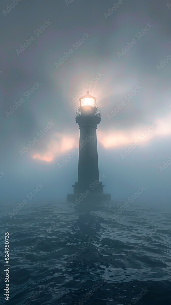 Lighthouse Beam Cutting Through Twilight Fog in Mystical Maritime Setting  