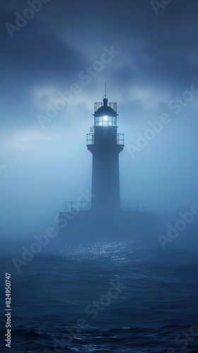 Lighthouse Beam Cutting Through Twilight Fog in Mystical Maritime Setting 