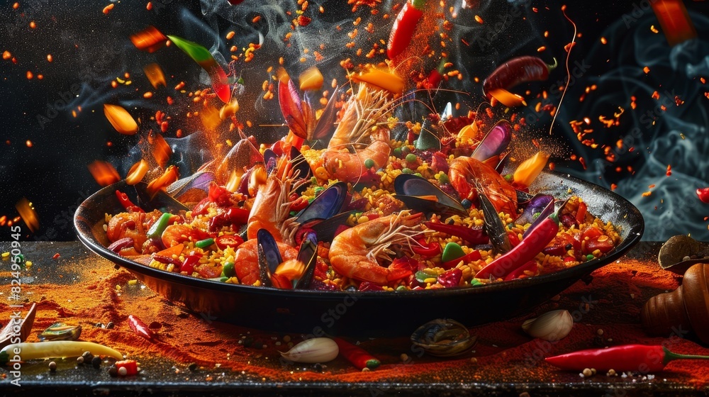 Paella, rich and colorful Spanish rice dish with seafood, vibrant Valencia festival Paella, rich and colorful Spanish rice dish with seafood, vibrant Valencia festival