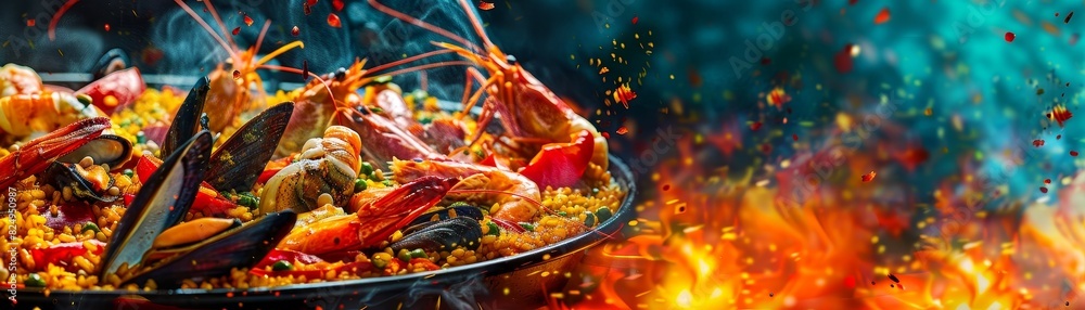 Paella, vibrant and colorful with seafood and saffron rice, large traditional pan, Spanish beachside celebration Paella, vibrant and colorful with seafood and saffron rice, large traditional pan, Spanish beachside celebration