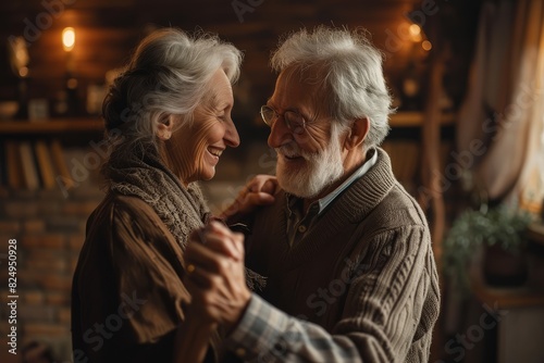 An elderly man and woman joyfully dancing together in a cozy living room © Nino Lavrenkova
