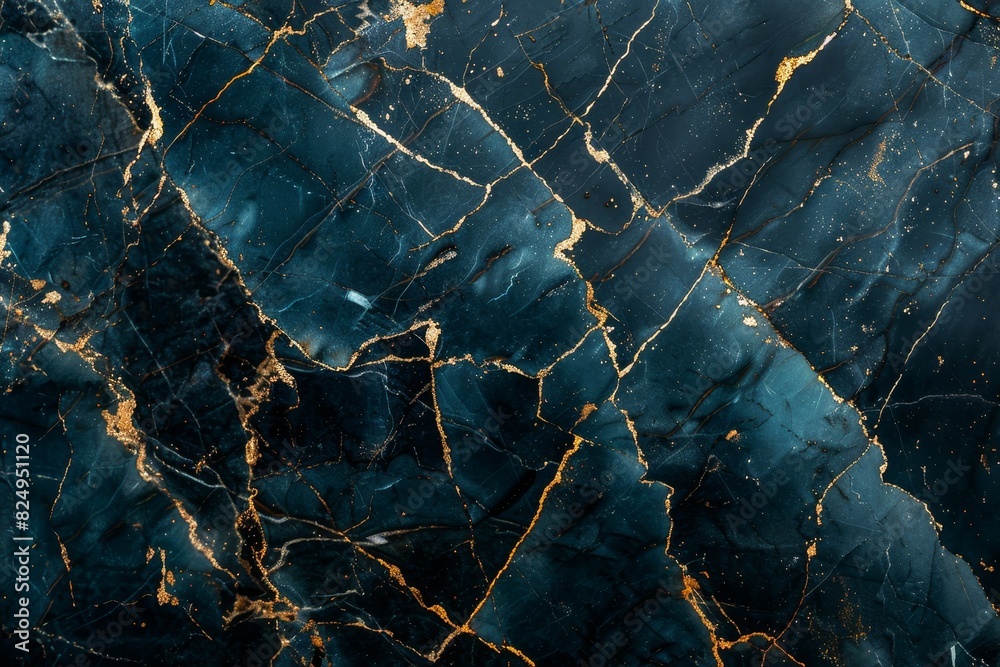 A blue and gold marble wall with a lot of cracks and grooves