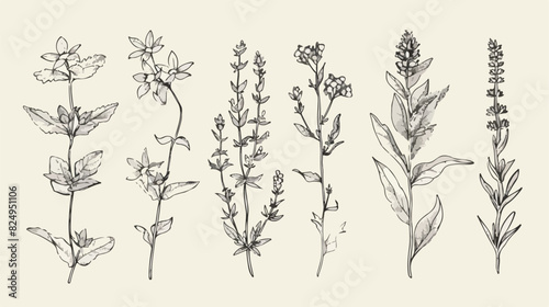 Four of herbs. Four hand drawn medical botanical 