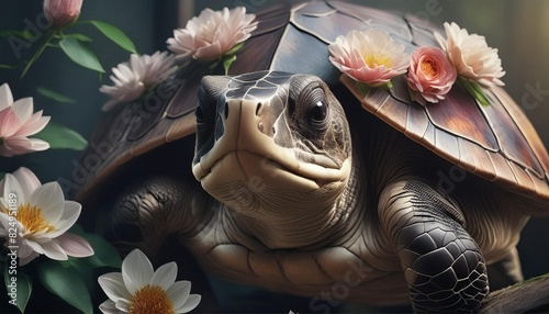 turtle on the rocks with flowers photo