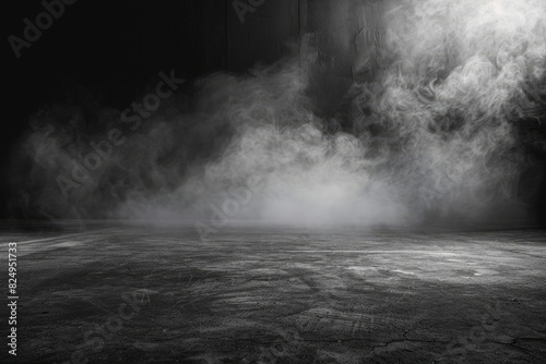 Abstract image of dark room concrete floor. Black room or stage background for product placement.Panoramic view of the abstract fog, mist or smog moves on black background  - generative ai photo