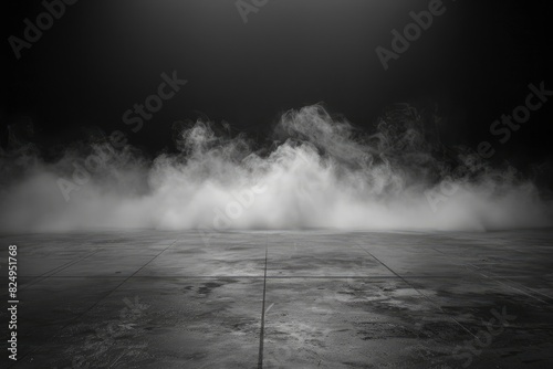 Abstract image of dark room concrete floor. Black room or stage background for product placement.Panoramic view of the abstract fog, mist or smog moves on black background - generative ai