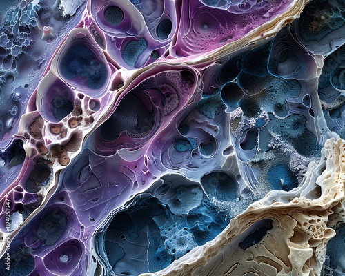 11. Microstructure of bone tissue, showing the detailed cellular structure and patterns, high-definition and sharp photo