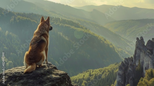 A dog stands guard on a cliff edge  its back turned to the viewer  gazing out at the mountains with a sense of peace and connection to the natural world. 