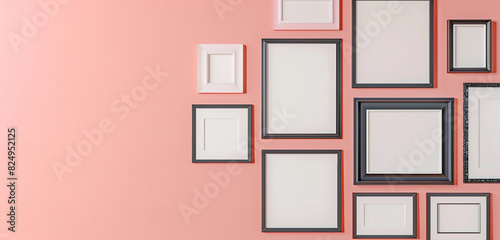 Contemporary gallery wall mockup on a pastel pink background, elegant frame layout