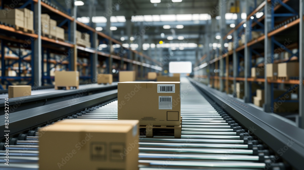 Cardboard boxes on a conveyor belt in a warehouse. Cardboard boxes on a conveyor belt in a warehouse.