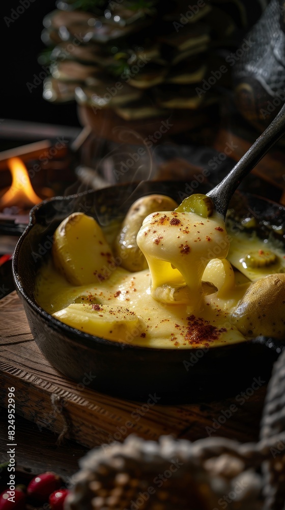 Raclette, melted cheese scraped onto potatoes and pickles, cozy Swiss mountain lodge