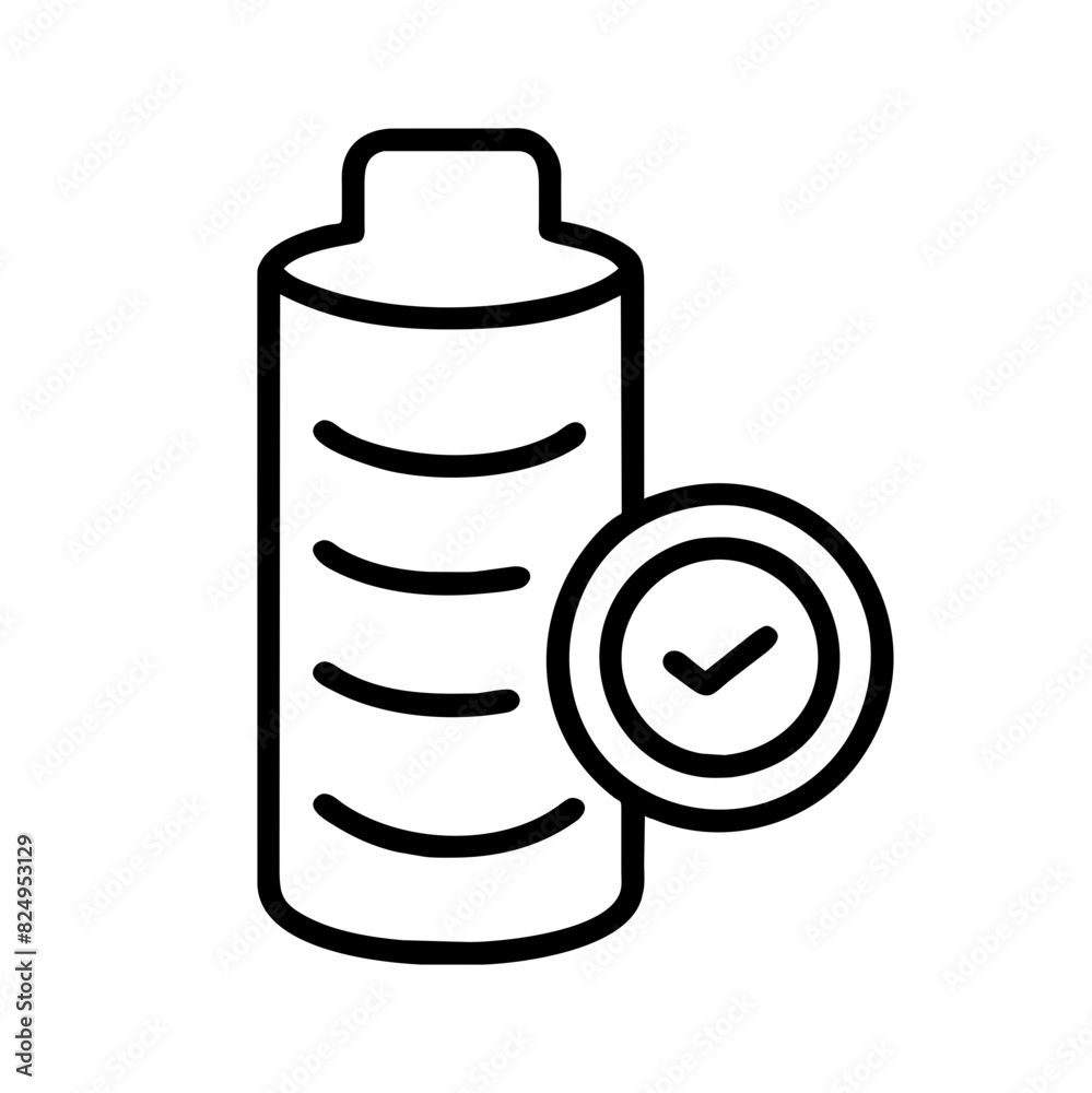 A black and white vector image of a battery with a check mark symbol on it, symbolizing validation or confirmation of power or efficiency, on a transparent background A black and white vector image of a battery with a check mark symbol on it, symbolizing validation or confirmation of power or efficiency, on a transparent background