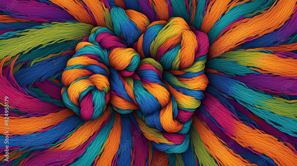 A pile of yarn, a plush blanket, a background image made of interwoven radial yarn lines, a line diagram