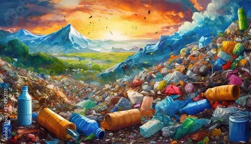 Landfill with plastic waste, art design photo
