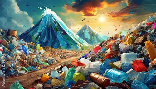 Landfill with plastic waste, art design photo
