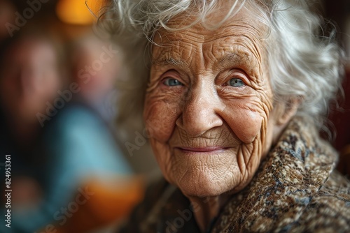 An old woman with a beaming smile gazes out of a window
