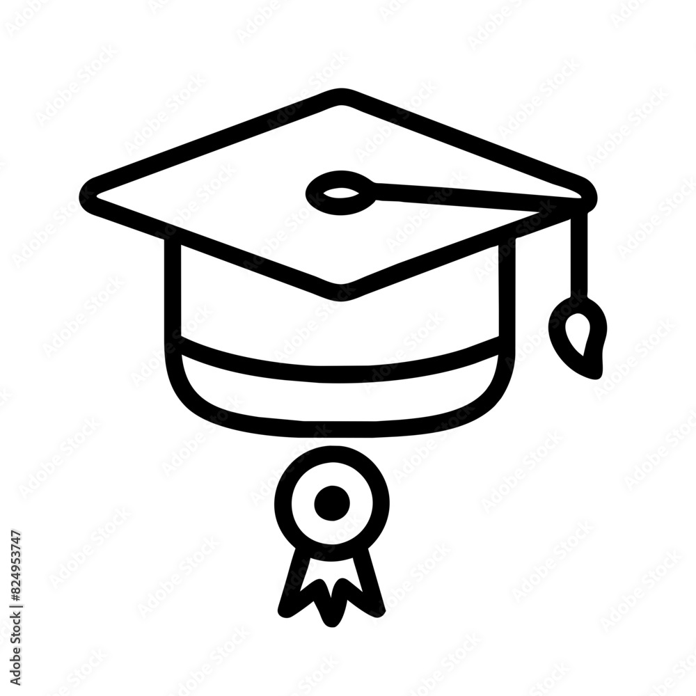 Black and white vector illustration of a graduation cap with a ribbon, placed elegantly on a transparent background. The cap is depicted in a classic style with a square top and a tassel hanging from Black and white vector illustration of a graduation cap with a ribbon, placed elegantly on a transparent background. The cap is depicted in a classic style with a square top and a tassel hanging from