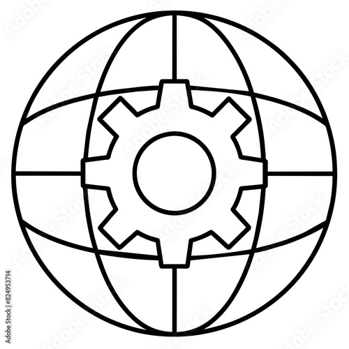 A black and white vector image of a globe adorned with a gear, symbolizing global industry, technological advancement, and interconnected systems, on a white background