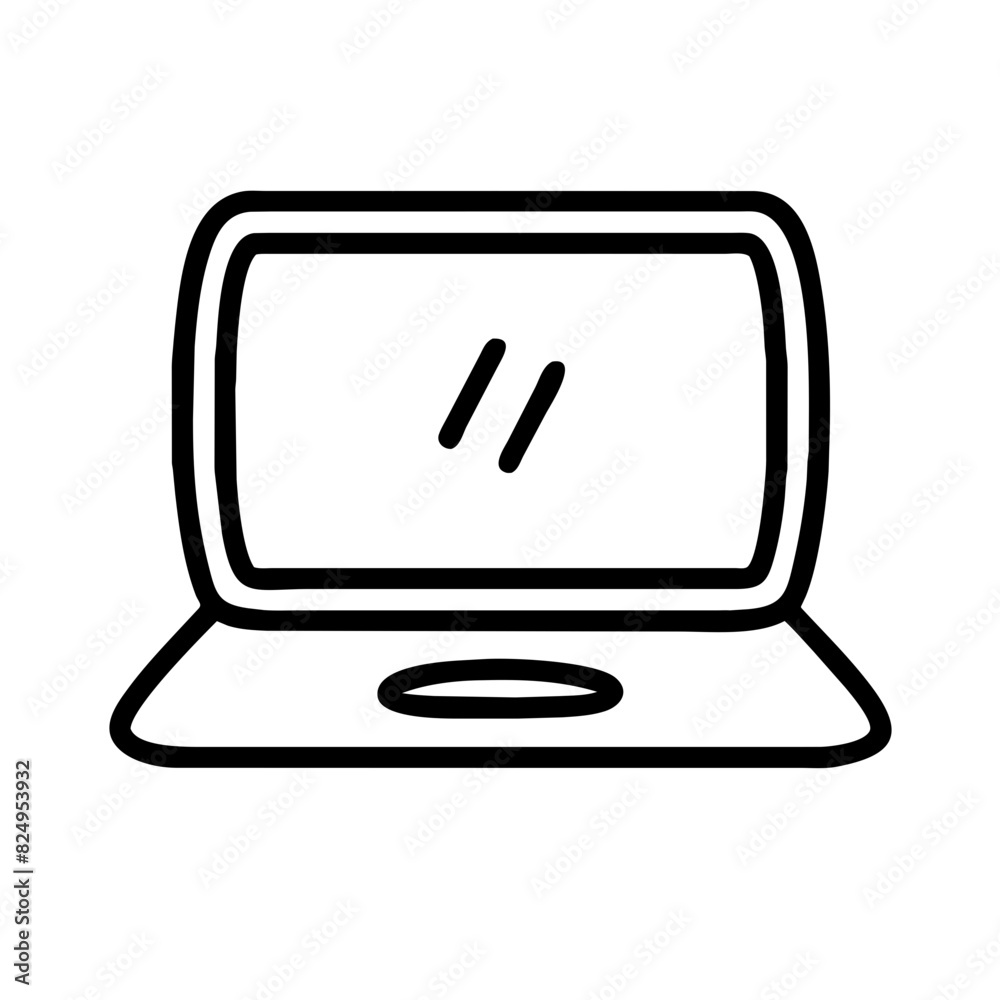 A black and white vector image of a laptop computer, representing technology, mobility, and productivity, on a transparent background
