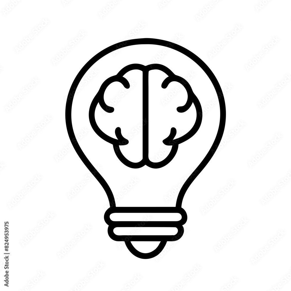 A black and white vector image of a light bulb containing a brain inside, symbolizing creativity, innovation, and intelligent ideas, on a transparent background A black and white vector image of a light bulb containing a brain inside, symbolizing creativity, innovation, and intelligent ideas, on a transparent background