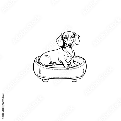 A cartoon Dachshund in a dog bed coloring page generative ai