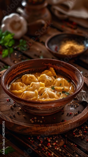 Russian pelmeni, dumplings filled with meat, served in a rich broth, rustic clay bowl, traditional wooden dacha, early winter evening