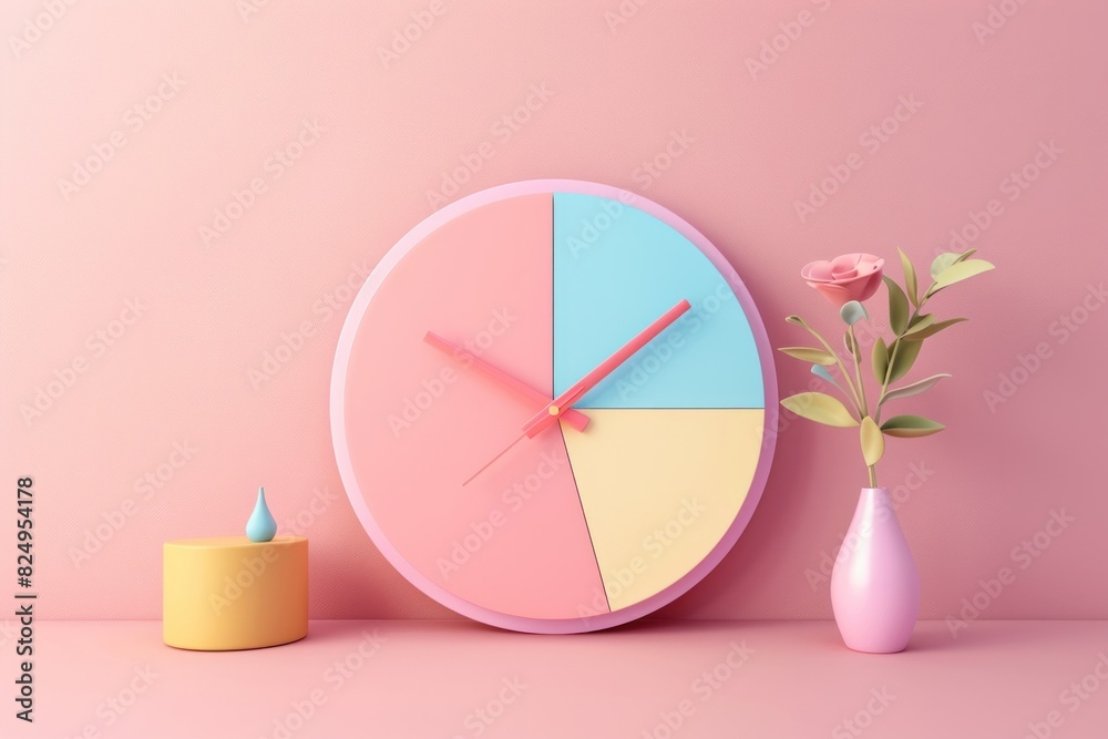 Pink and blue clock on a pink wall next to a vase of flowers in a stylish interior setting