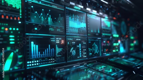 Futuristic data analysis and visualization dashboard displaying various financial graphs, charts, and analytics in a high-tech environment.