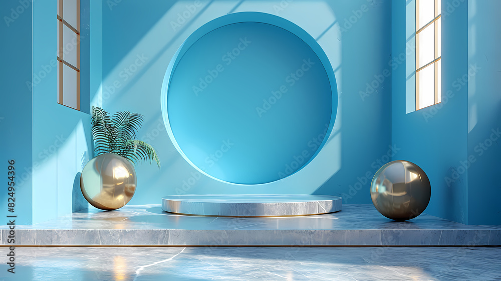 Abstract geometric background of blue decorations. Golden ball and round minimalist mockup for podium display or showcase, 3d rendering. 