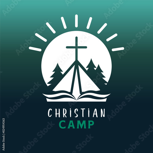 Christian camp, sunrise logo. Creative sign for a youth camp, travel in the forest or mountains. Vector illustration