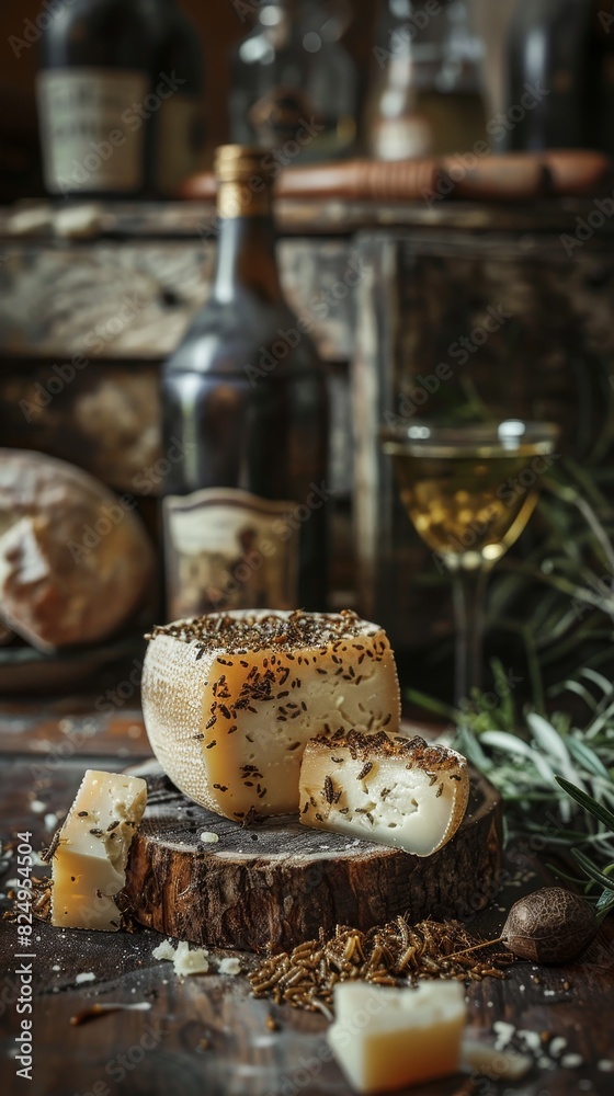 Sardinian casu marzu, cheese with live maggots, displayed on a rustic table, Mediterranean countryside