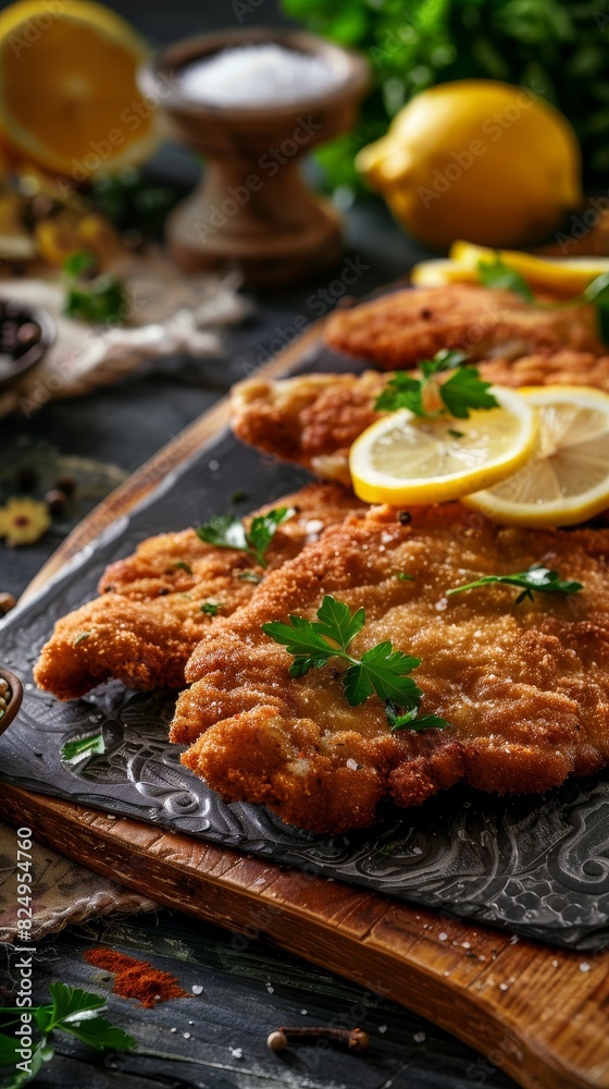 Schnitzel, breaded and fried cutlet, served with lemon slices, Austrian mountain inn Schnitzel, breaded and fried cutlet, served with lemon slices, Austrian mountain inn