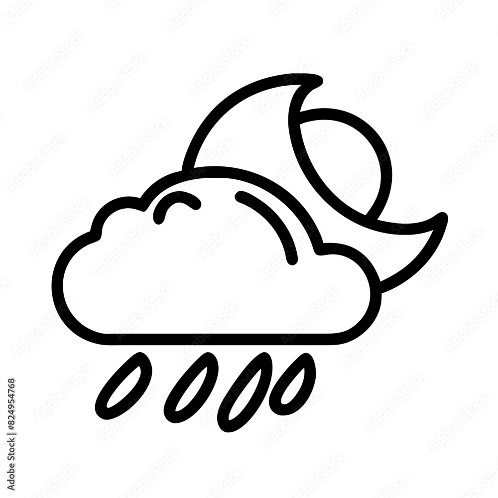 Black and white vector illustration of a cloudy sky with a moon and rain on transparent background. The sky is dark and gloomy, with the clouds covering the entire scene, evoking a sense of mystery
