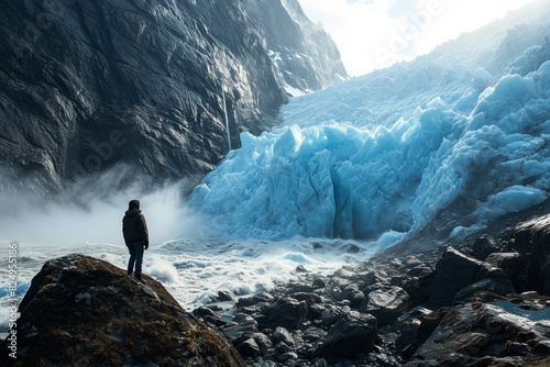 A traveler with a backpack standing in front of a glacier, gazing in awe at the icy expanse © Nino Lavrenkova