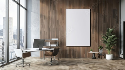 contemporary office interior with empty poster on wall professional workspace 3d rendering