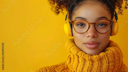 Close-up portrait of a beautiful young woman wearing eyeglasses and headphones, looking at the camera with a serious expression. © Cheetose