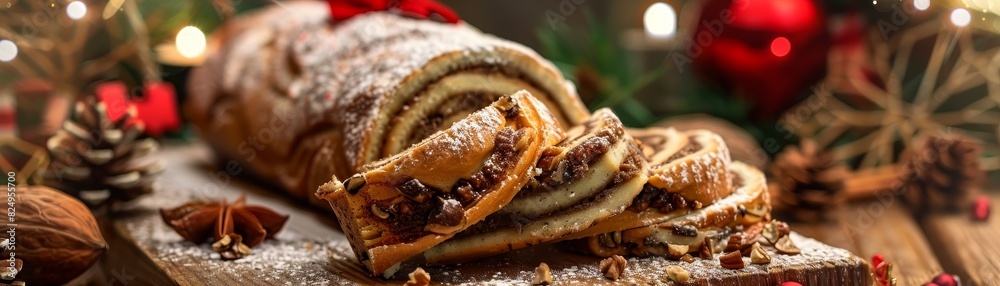Slovenian potica, nut roll cake, slice showing the swirls, traditional holiday setting, festive decorations, warm family gathering Slovenian potica, nut roll cake, slice showing the swirls, traditional holiday setting, festive decorations, warm family gathering