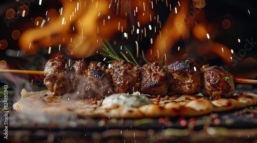 Souvlaki, grilled meat skewers, served with pita and tzatziki, Greek island festival photo