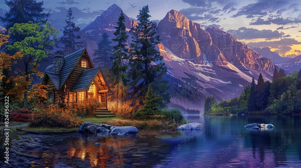 Fototapeta premium cozy mountain house by a lake at twilight scenic landscape digital painting