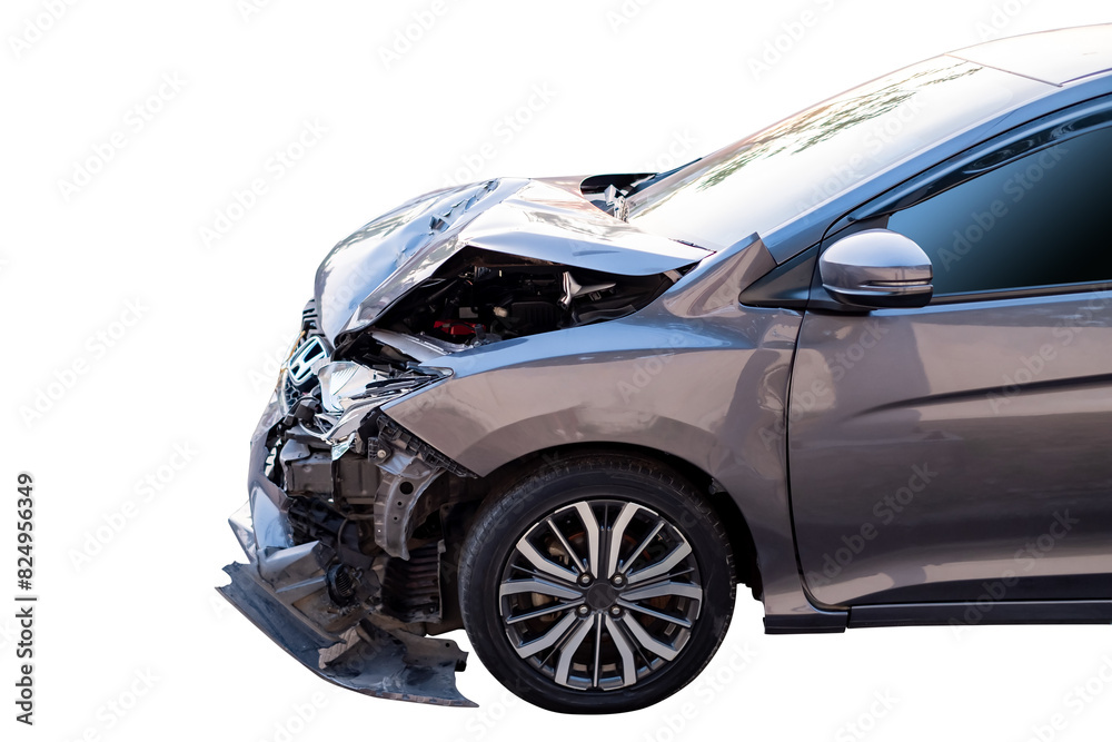 Naklejka premium Car crash, Front and side view of modern black car get damaged by accident on the road. damaged cars after collision. isolated on transparent background. PNG File