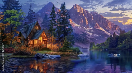 cozy mountain house by a lake at twilight scenic landscape digital painting