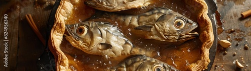 Stargazy pie, baked pie with fish heads poking out, served during a British festival in Cornwall