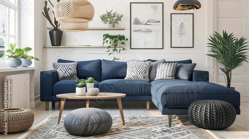 cozy scandinavian living room interior with knitted poufs and dark blue corner sofa