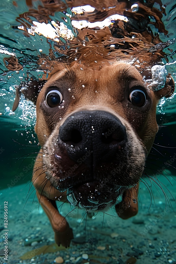 Underwater Close-Up of Curious Dog. Underwater Close-Up of Curious Dog.