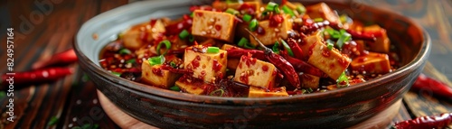 Szechuan tofu, spicy and numbing with peppers, authentic Chinese kitchen photo