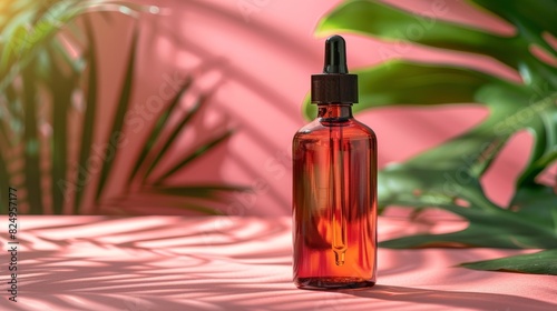 A bottle of a vitamin C serum resting on a pastel pink background next to a tropical green leaf  oil bottle mockup 