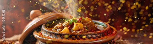 Tagine, slowcooked Moroccan stew, vibrant with spices and served in a traditional clay pot, exotic marketplace photo